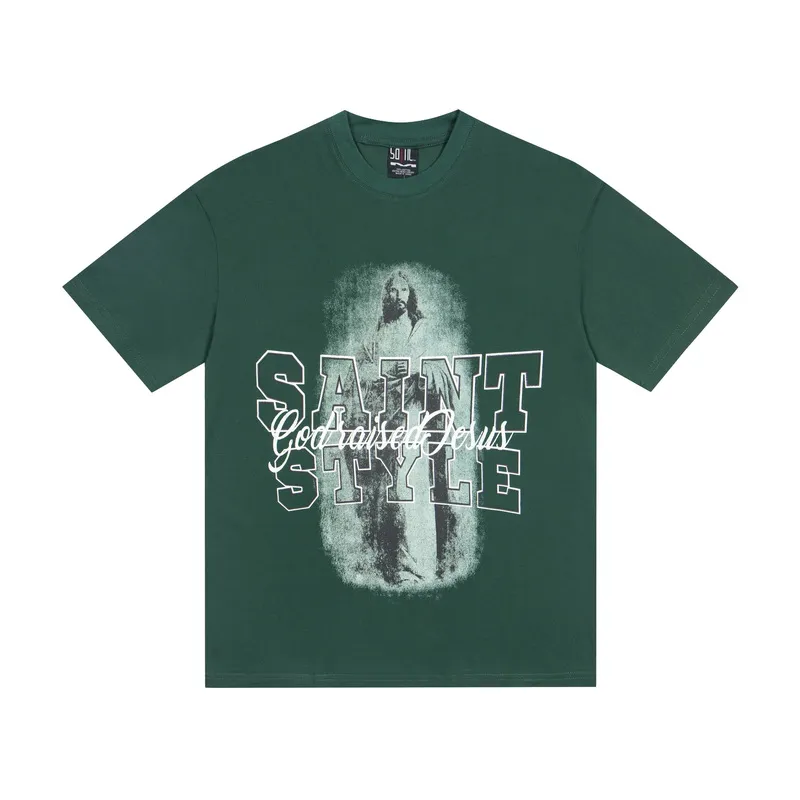 100💰 S07# Mechao SAINT white ink direct-injection pure cotton 260g loose short-sleeved T-shirt 27 black, green S-XL